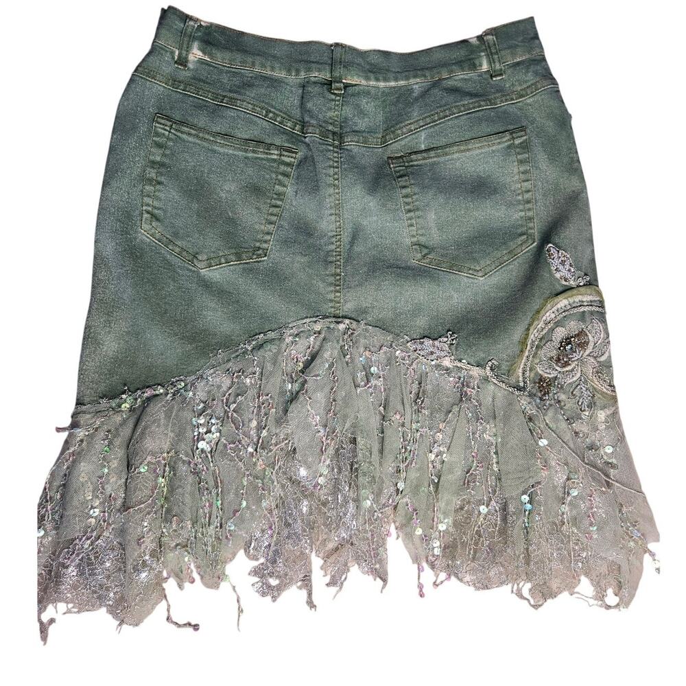 Vintage Urban Outfitters Olive Green Denim Skirt Y2K Fairy Boho Fringe 8/10 - Picture 4 of 6